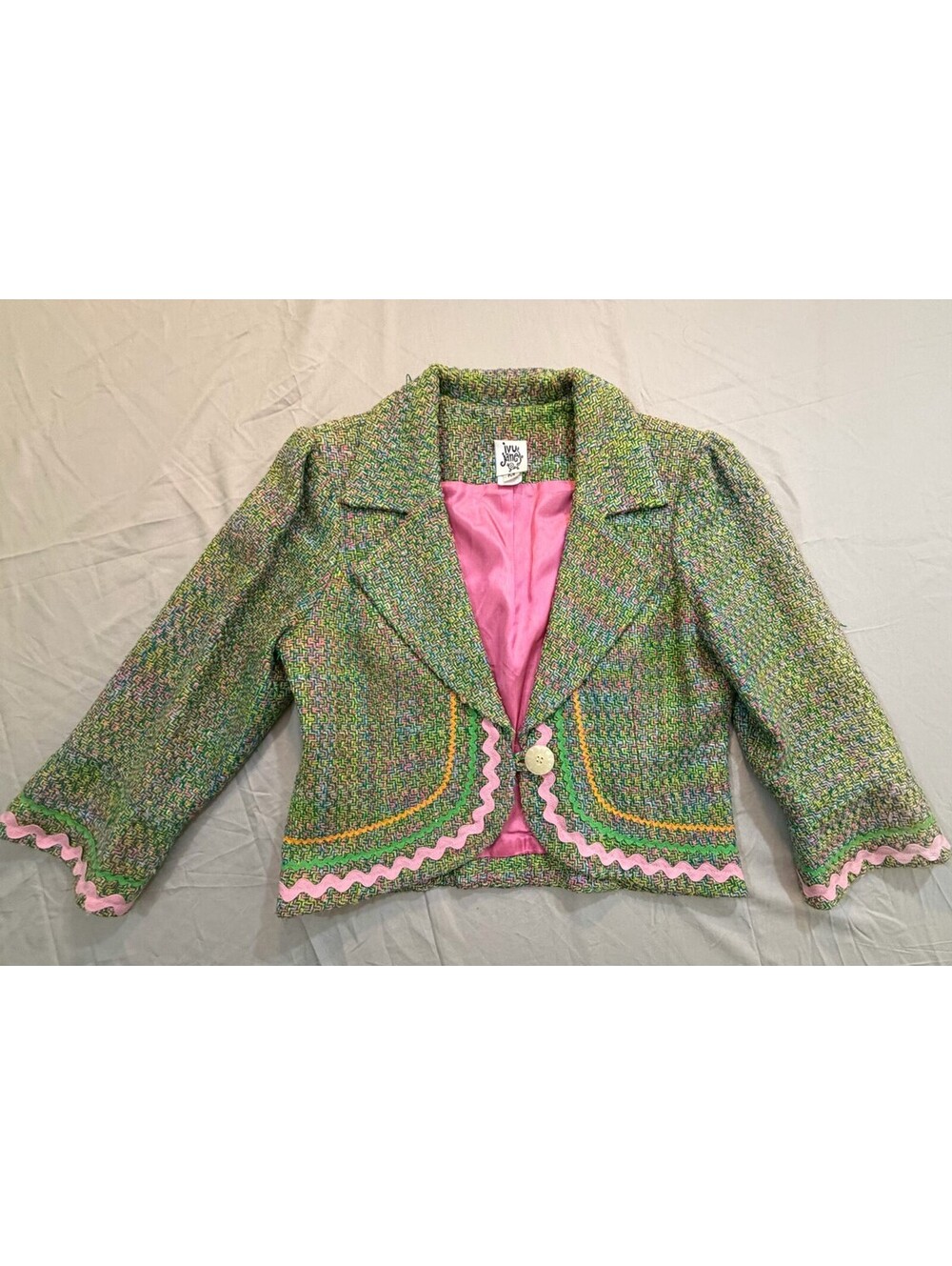 Ivy Jane Women’s M Silk Tweed Cropped Blazer Green Pink Rickrack Made USA